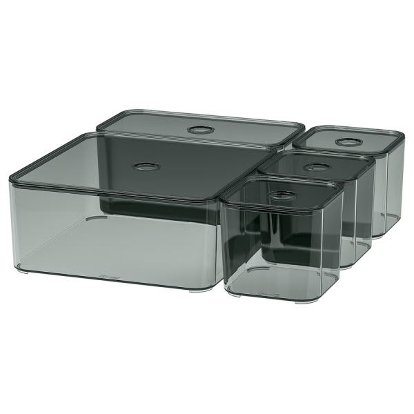 VISSLAÅN Box with lid, set of 5, grey