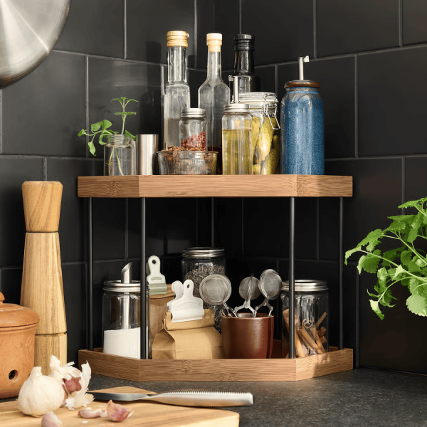 NÅLBLECKA Corner shelf, metal/bamboo for kitchen countertop